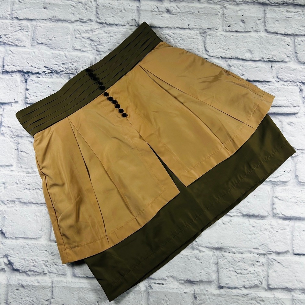 Twelve by Twelve Los Angeles Womens Layered Pleated Mini Skirt Tan Olive Size M